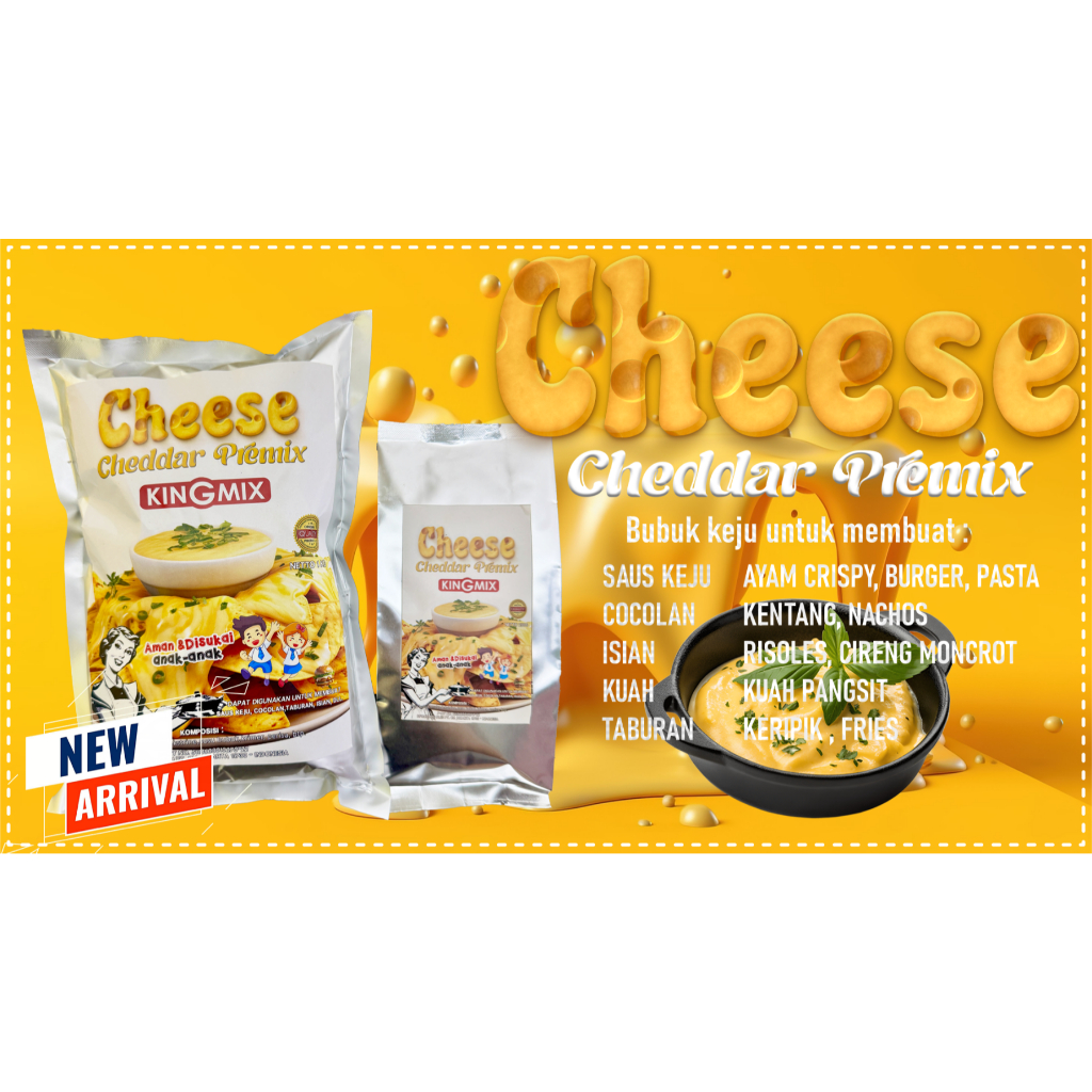 

Keju Bubuk Premix Cheddar Cheese Kingmix 250 g untuk membuat saus keju, cocolan, kuah , isian keju
