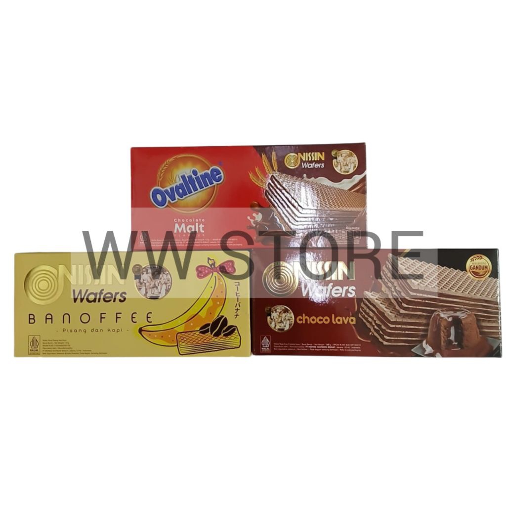 

Wafer rasa kue cokelat / coklat / pisang dan kopi halal MUI NISSIN Wafers Choco Lava 160g / BAnoFFEE 137g / Chocolate Malt Ovaltine 133g