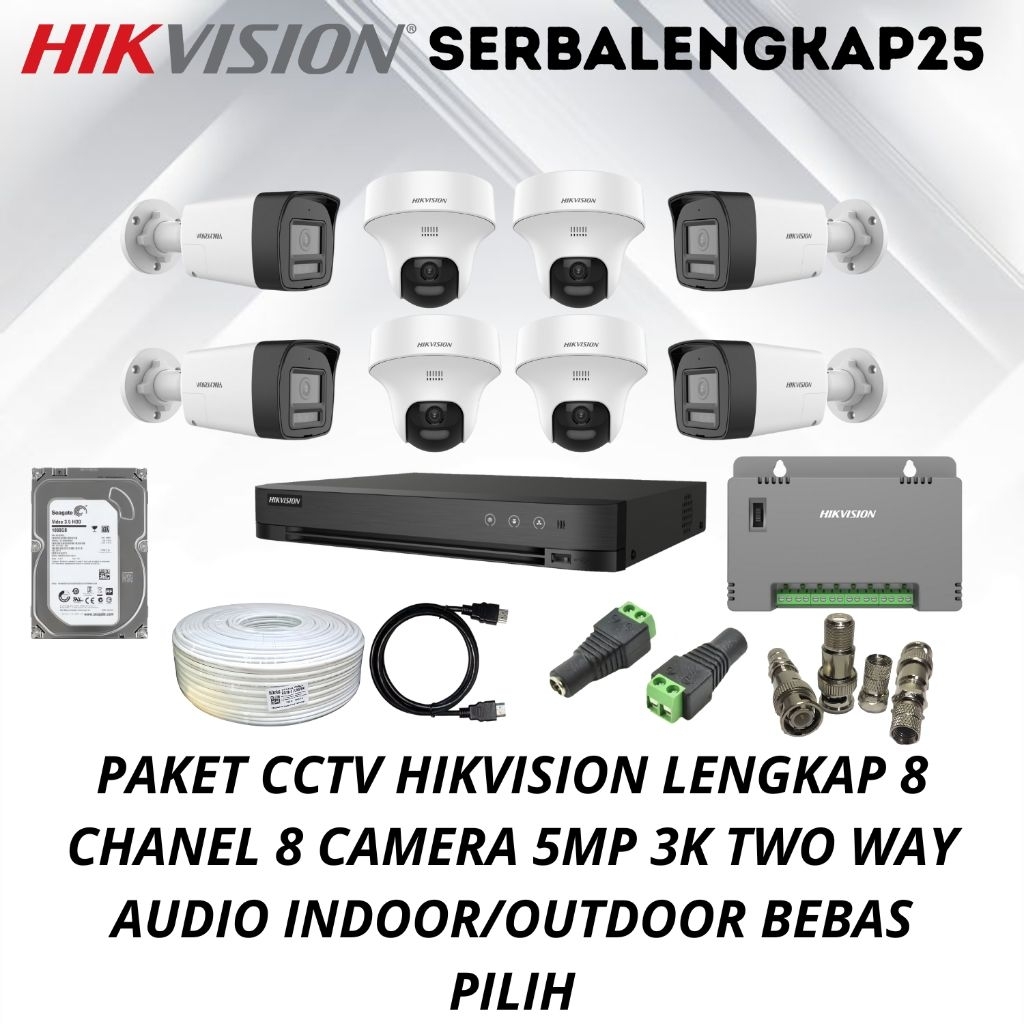 PAKET CCTV HIKVISION 5MP 8 CHANNEL 8 CAMERA TWO WAY AUDIO CAMERA CCTV