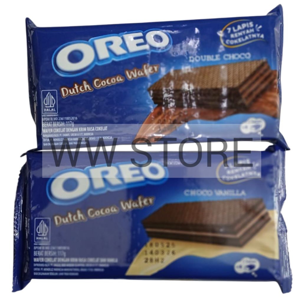 

Cemilan snek makanan ringan wafer coklat krim rasa cokelat vanila halal MUI OREO Double Choco Vanilla Dutch Cocoa Wafer 117g