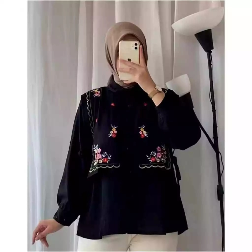 Kemeja Narika Bordir Rompi Wanita Oversize Kekinian Trendy
