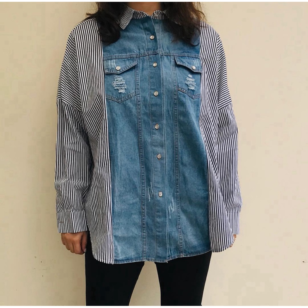 kemeja denim garis oversize katun biru stripe