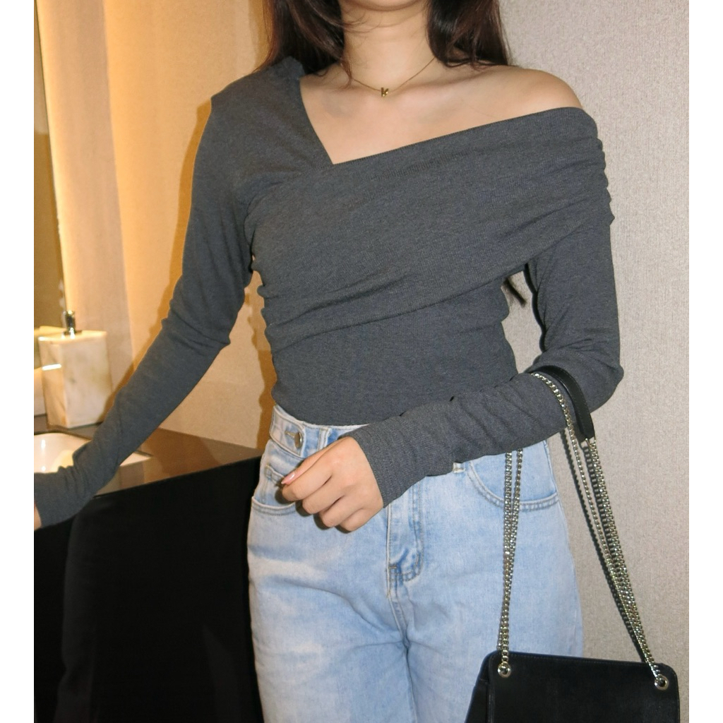 JOLENE TOP | One Shoulder Knit Longsleevee | Nyaman Dipakai Mudah | Atasan Wanita Blouse Wanita Leng