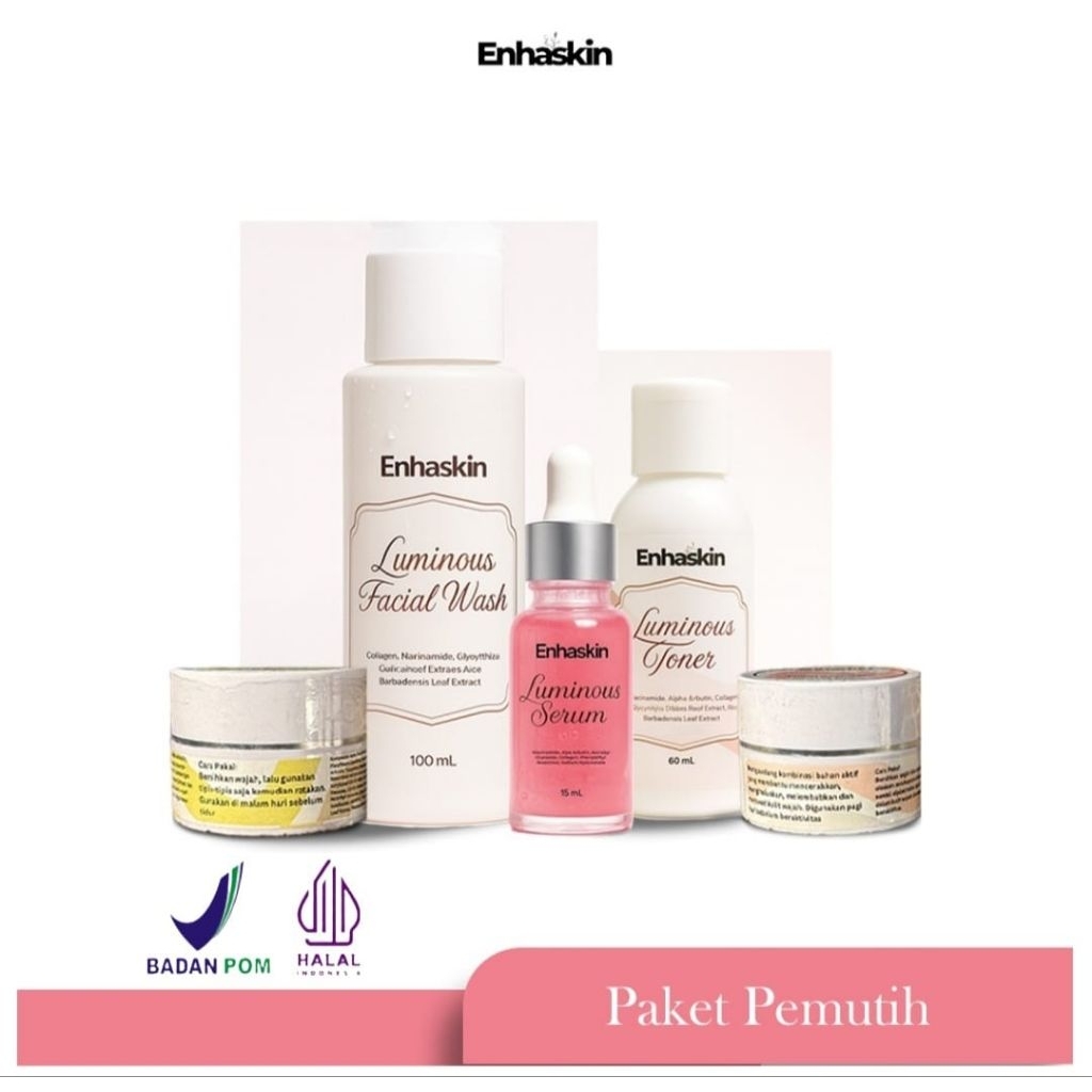 Paket lengkap Pemutih Wajah Enhaskin - Skincare BPOM & Halal | Day Cream, Night Cream, Serum, Facial