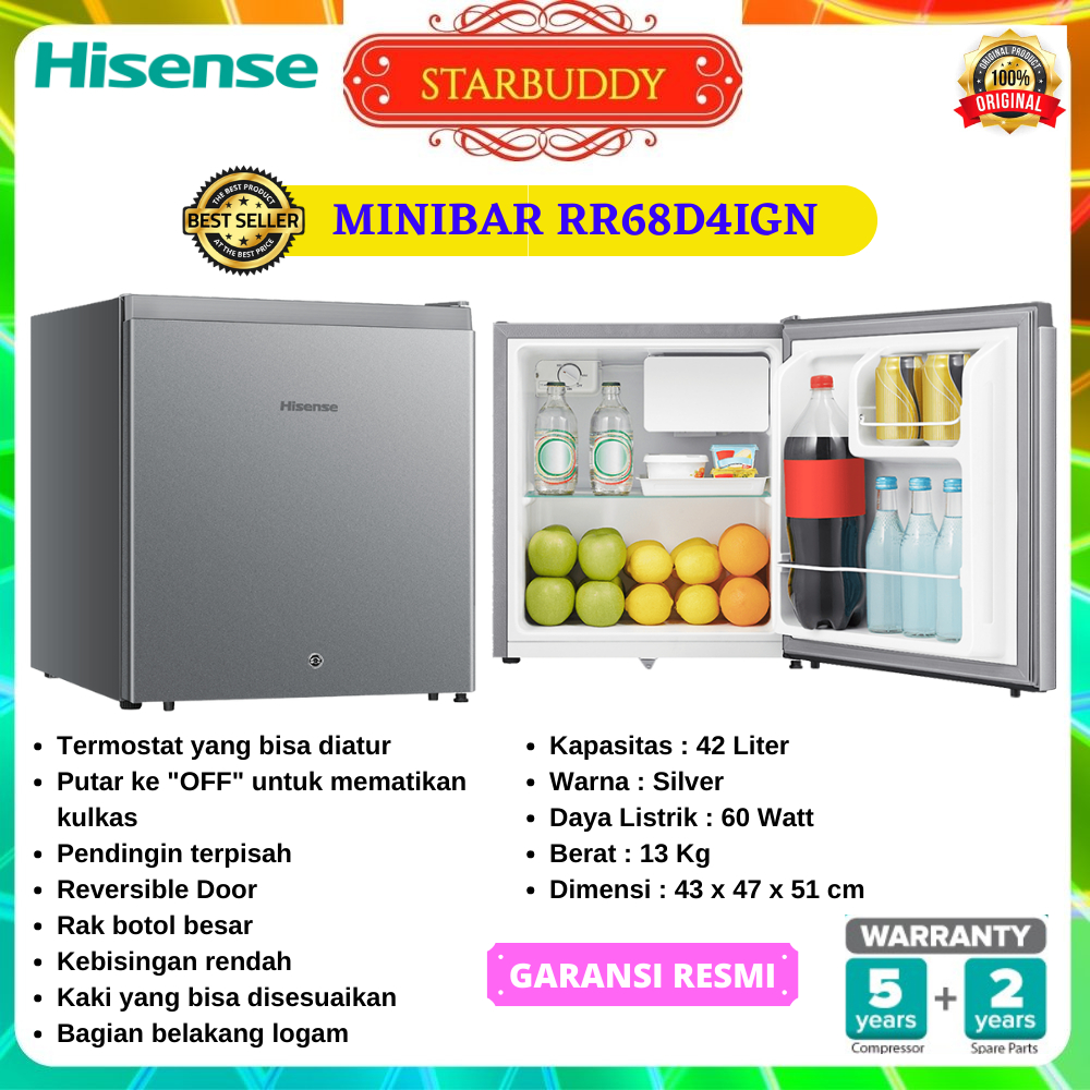 KULKAS HISENSE RR68D41GN MINI BAR 1 PINTU COCOK UNTUK KOST, APARTMENT, KANTOR, KAMAR TIDUR (KARGO)