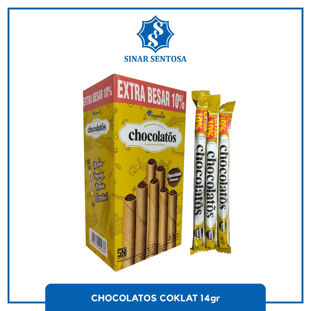 

Chocolatos Coklat Wafer Stick 14gr – Extra Besar 10%| 1box isi 24 pcs | Snack Wafer Rasa Coklat Renyah