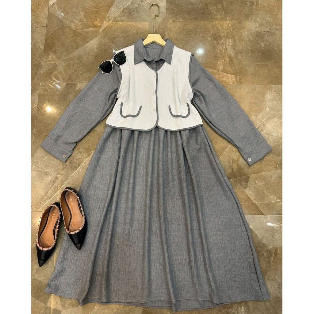 Amira midi dress anak perempuan + rompi pakaian muslim cringkle premium 6 - 15 tahun