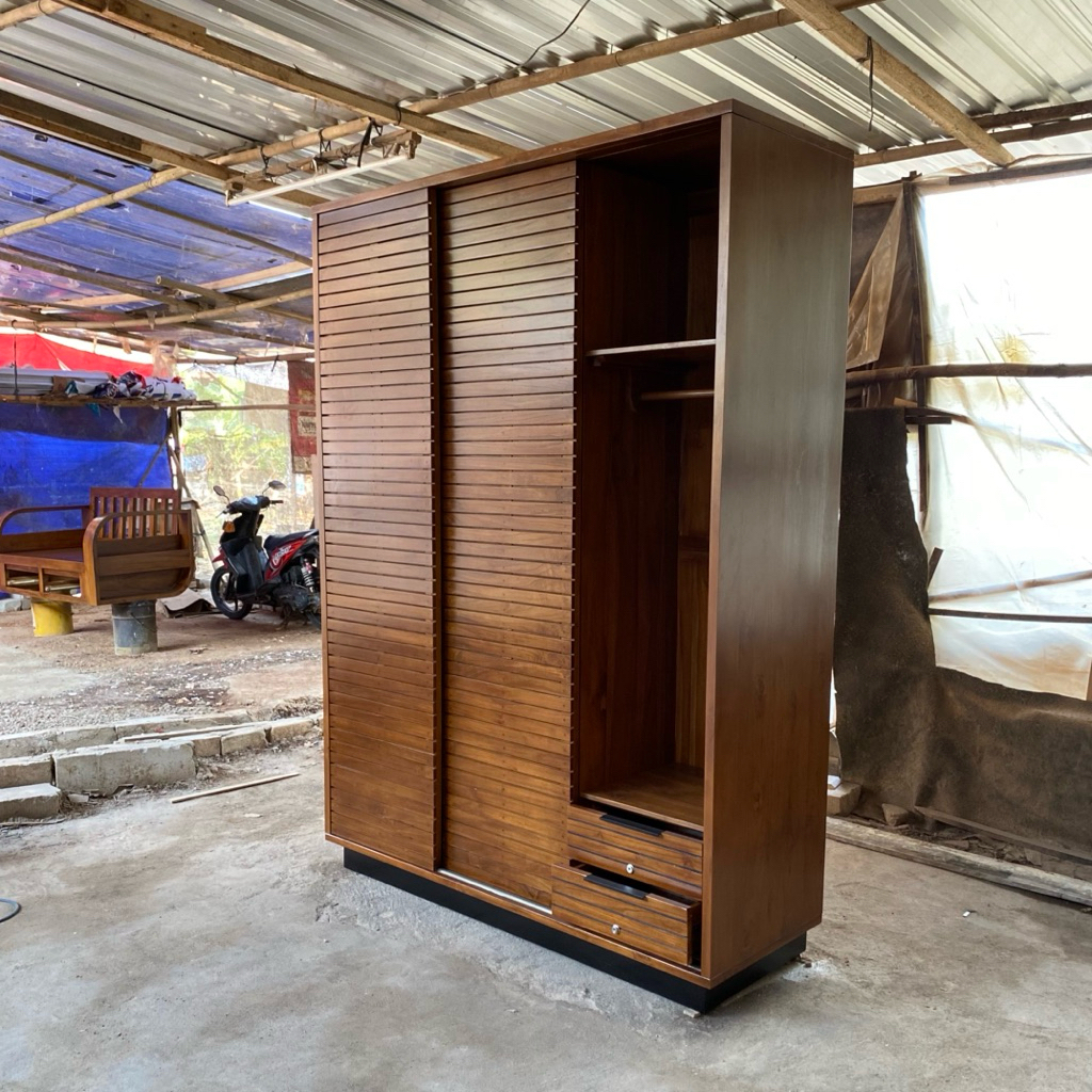 lemari pakaian 3 pintu sliding custom - lemari baju modern japanese kayu jati