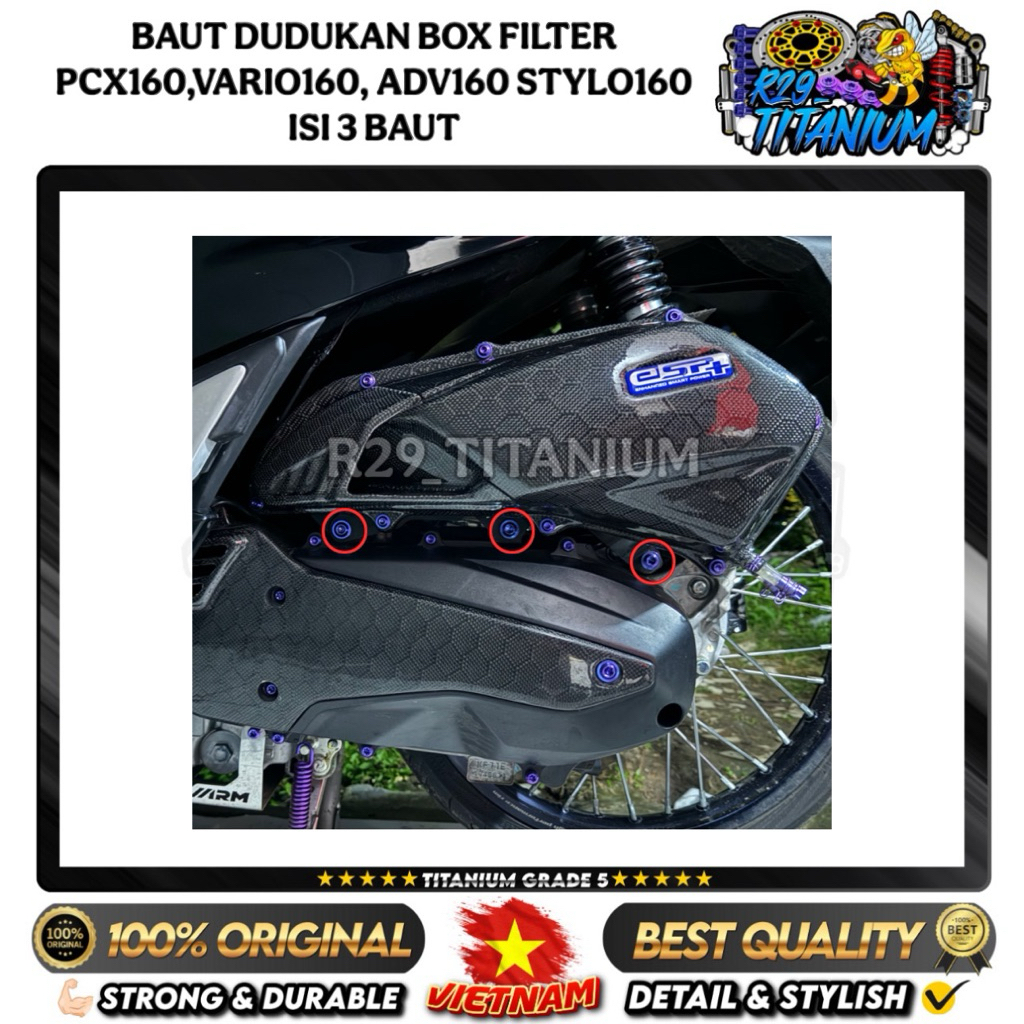 BAUT DUDUKAN BOX FILTER TITANIUM PCX160,VARIO160, ADV160 STYLO160 - ISI 3 BAUT