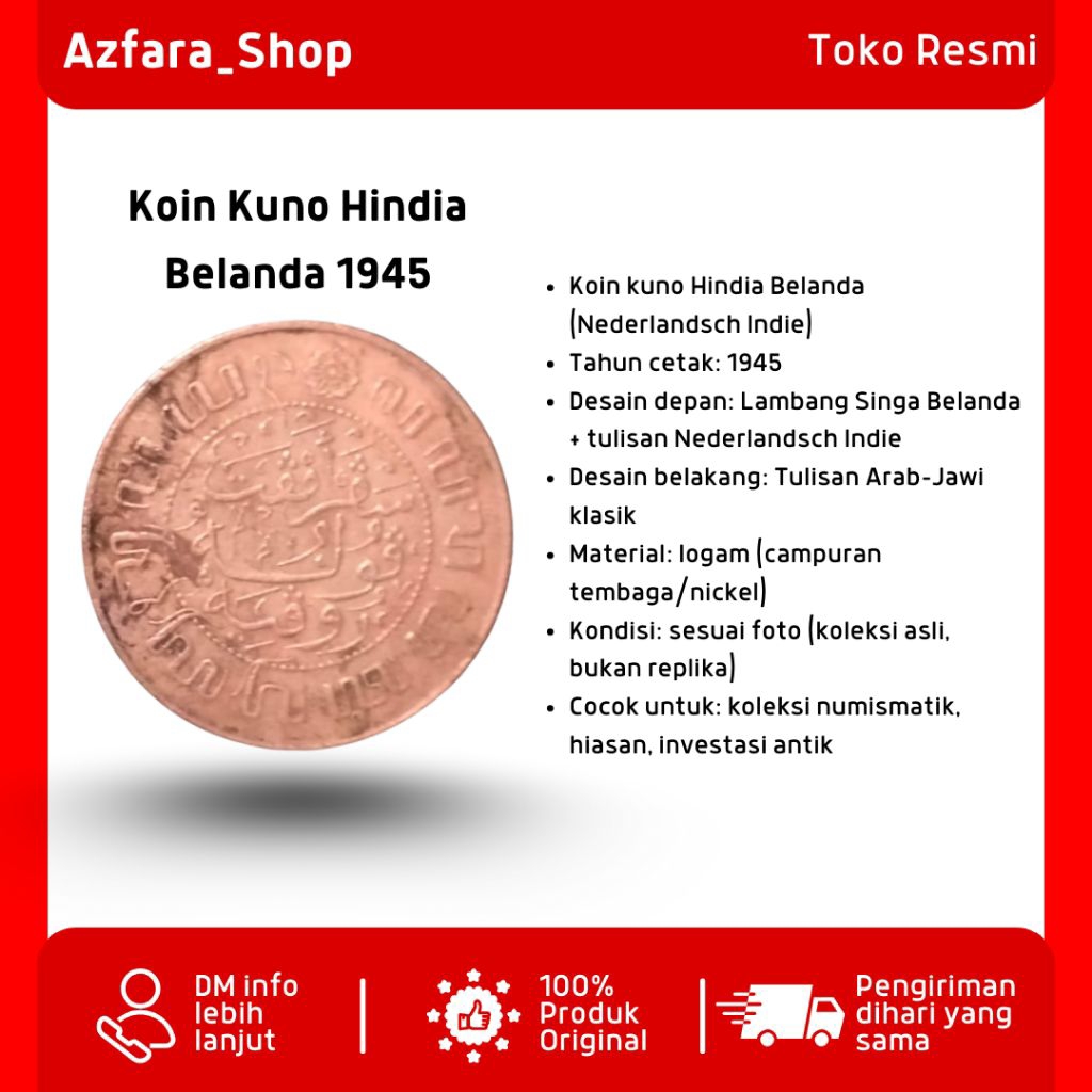 Koin Kuno Hindia Belanda 1945 – Nederlandsch Indie Asli, Koleksi Antik & Langka
