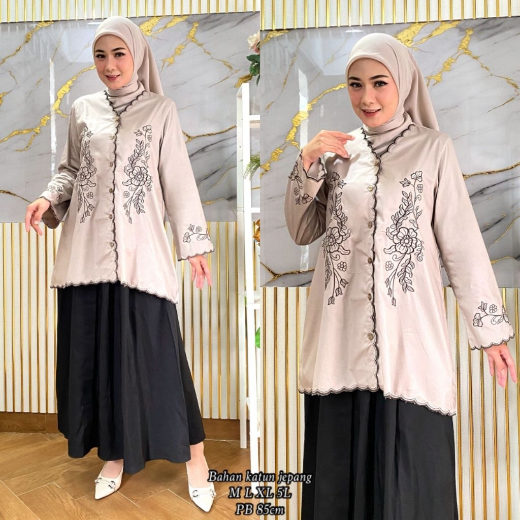 TUNIK ATASAN BAHAN KATUN JEPANG | BLUS WANITA MUSLIMAH | TUNIK BORDIR BUNGA | ATASAN WANITA KEKINIAN