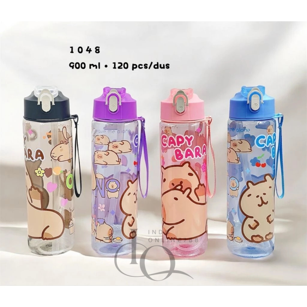 Botol Minum Anak Capybara Ukuran 900ML / Botol Minum Lucu Viral Karakter Dengan Sedotan Tali Peganga