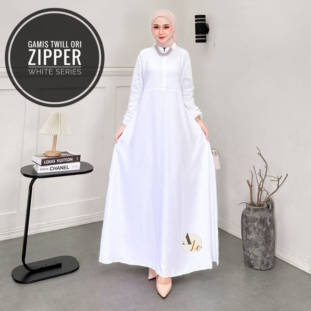 Gamis Putih Twill Ori White Series | Gamis Muslimah Busui Friendly Kancing & Zipper Rempel Elegan