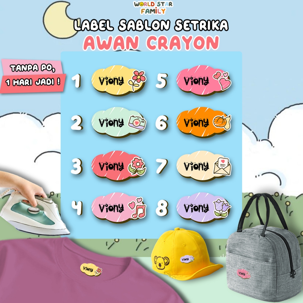 

Wsf Stiker AWAN CRAYON custom Sticker Nama Label Printing Kain kaos Sablon Setrika GRATIS Custom Nama Stiker Label DTF Tinggal di setrika WSFLABEL