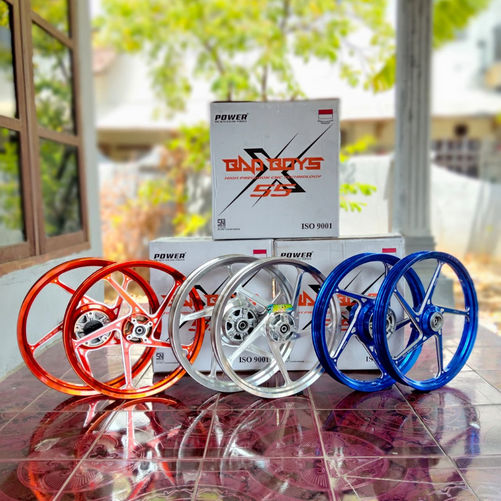 Velg Set Depan Belakang Power Bad Boys Model AK-55 Palang 5 Ukuran 17 X 140 / 160 Jupiter MX King Hi