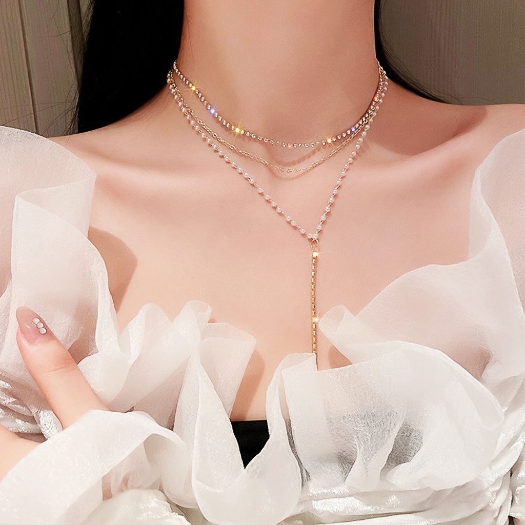 Kalung Multi Layer Putih Emas Perpaduan Choker & Y-Shaped Look Premium KL-2105