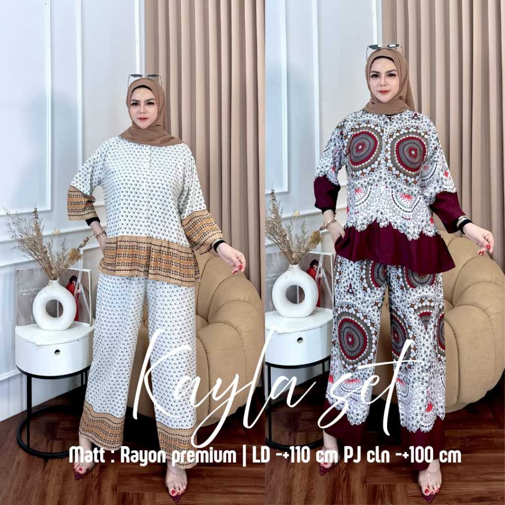 Kayla One Set Rayon Motif Premium Setelan Atasan Rempel Kancing Celana kulot  Pinggang Karet