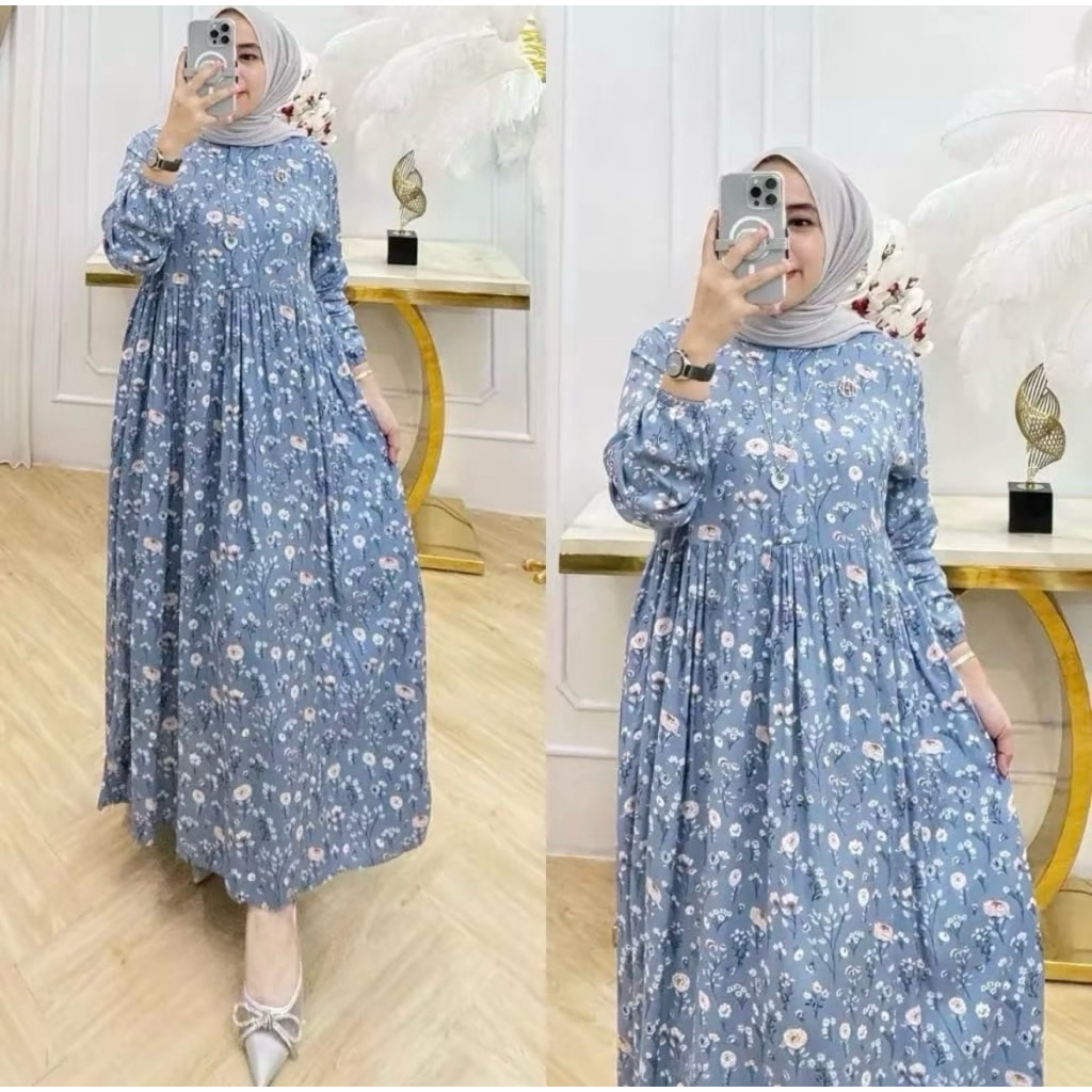 Kolinda Midi Dress Rayon Motif wanita lengan panjang Muslim