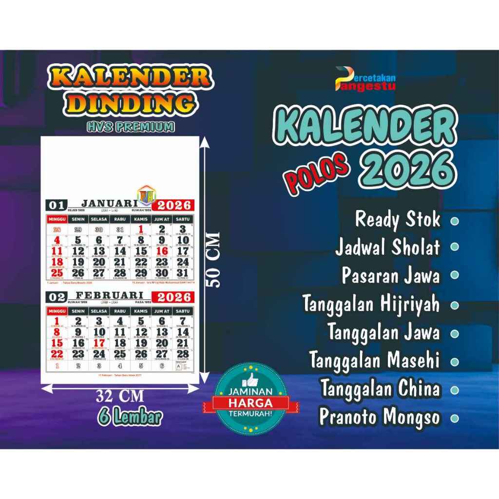 

KALENDER 2026 DWI WULAN 6 LEMBAR POLOS