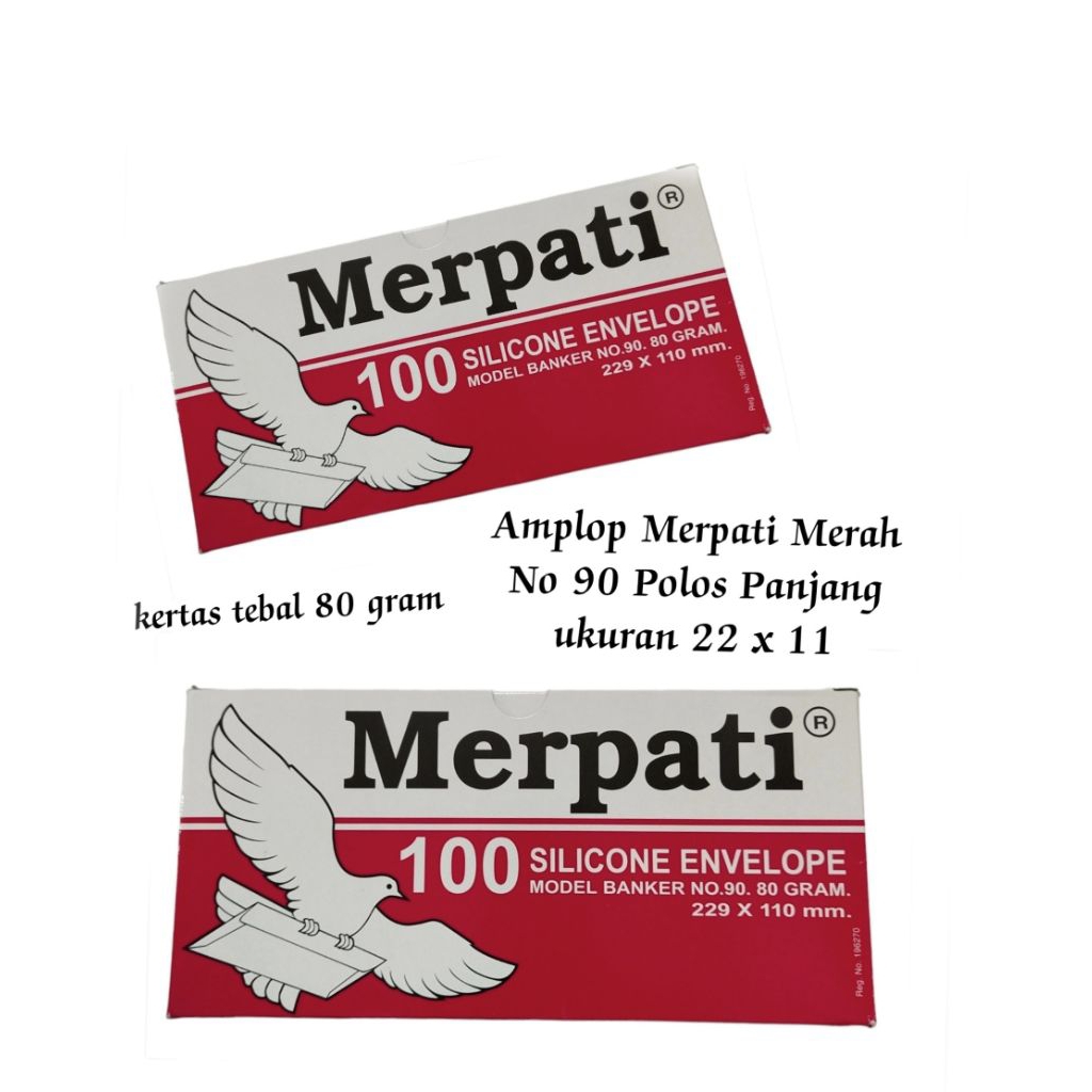 

Amplop Merpati 80 Gr No 90 ( 229 X 110 mm ) Putih Polos dengan strip perekat / Box ( 100 Lbr )