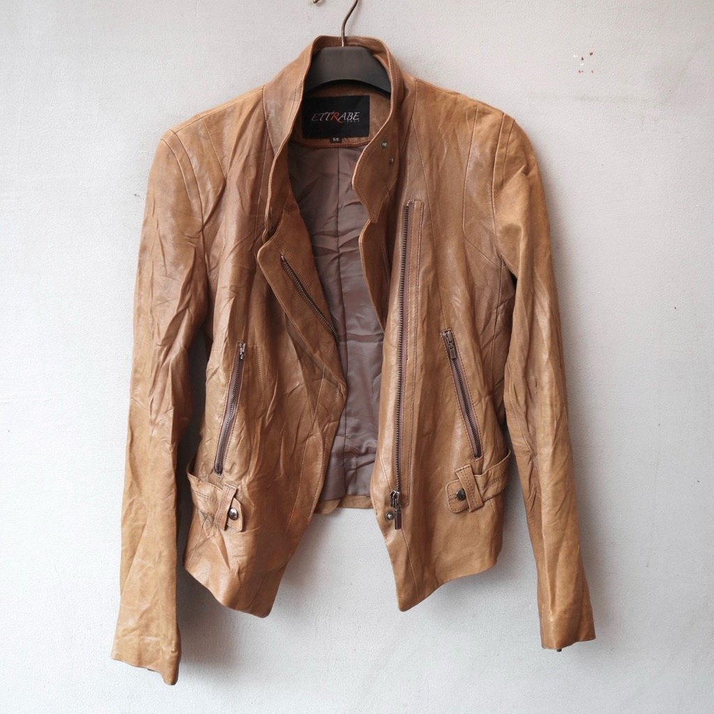 Jaket kulit asli domba vintage coklat tan ramones cewek crop biker wanita cropped rider jaket motor 