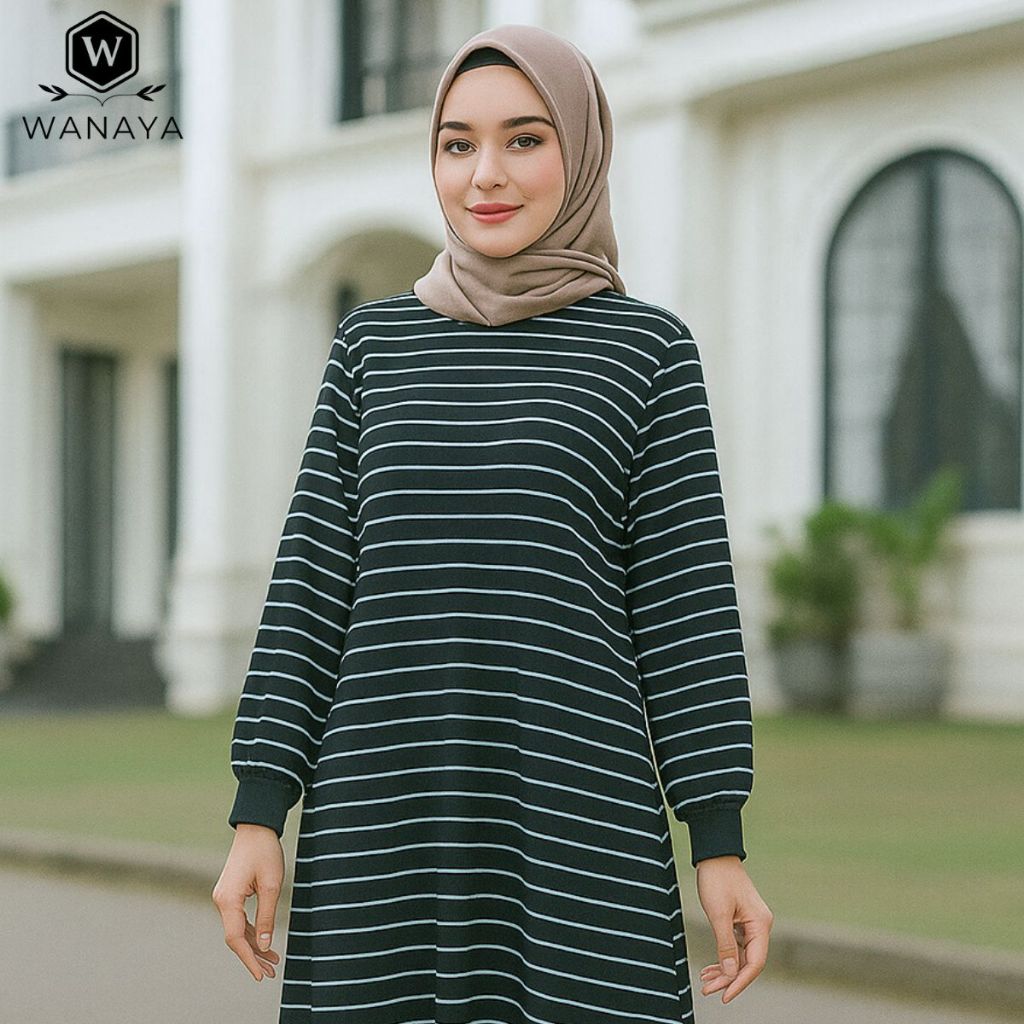 Midi Dress Salur Santai Wanita Muslimah Santai Bahan Babyterry Lengan Panjang, Nyaman & Ramah Bumil