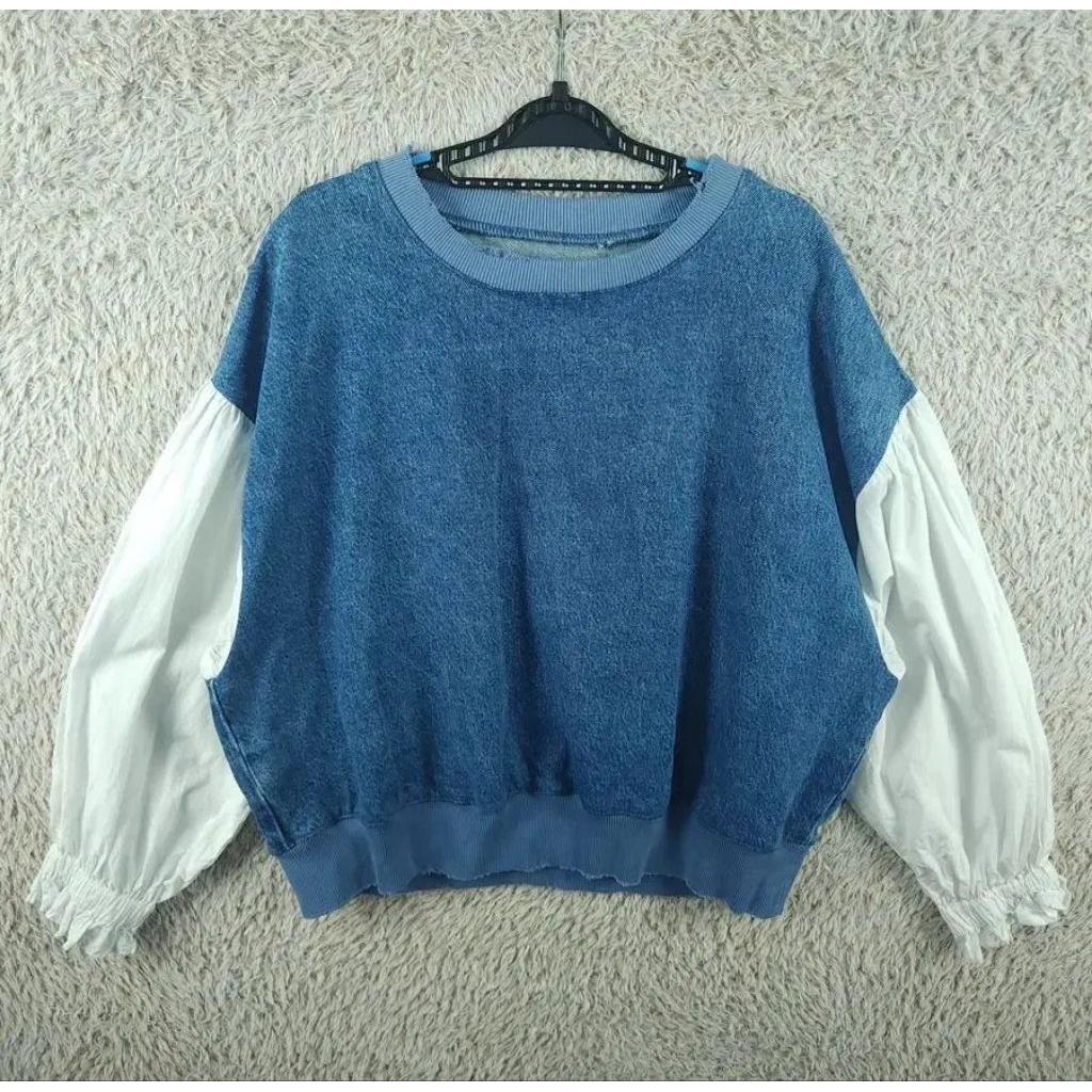 Crewneck Zara jeans denim kombinasi katun lengan balon