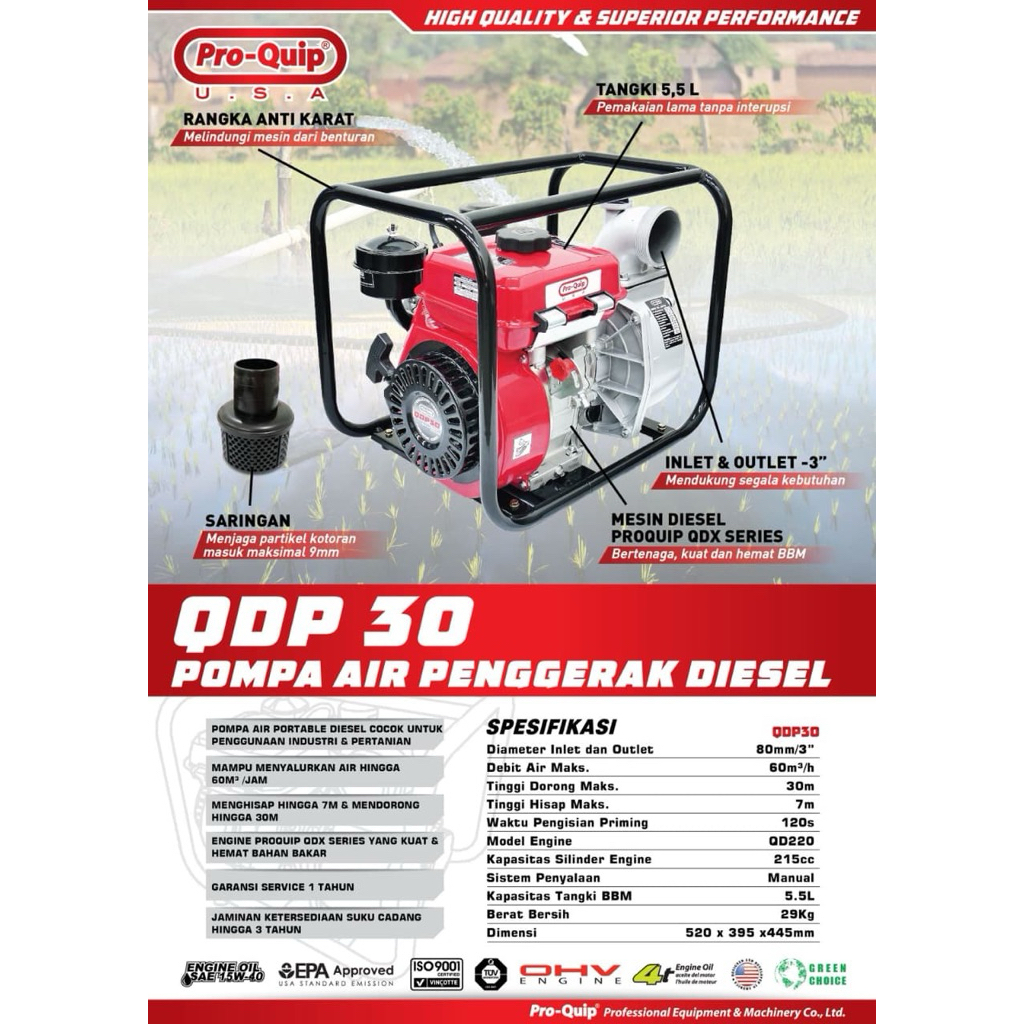 MESIN AIR ALKON IRIGASI DIESEL SOLAR QDP 30 PROQUIP 3 inch