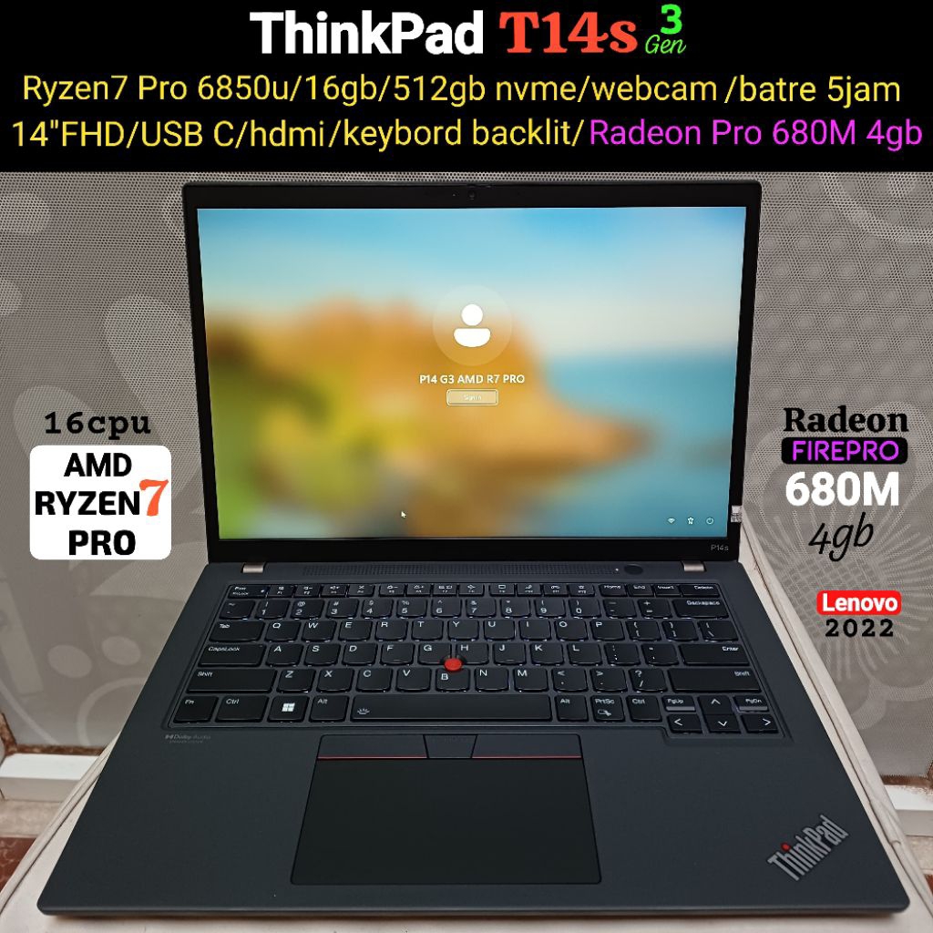 ThinkPad T14s gen3 Ryzen7 pro 6850u ram 16gb ssd512