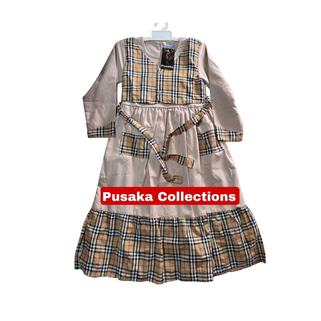 Baju muslim anak tk /paud warna coklat susu motip kotak kotak/Gamis anak perempuan set hijab
