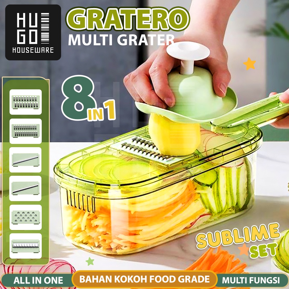 Dijual HUGO Parutan Sayur dan Buah 8 in 1 Parutan Serbaguna Pemotong Iris Sayur dengan Wadah Premium