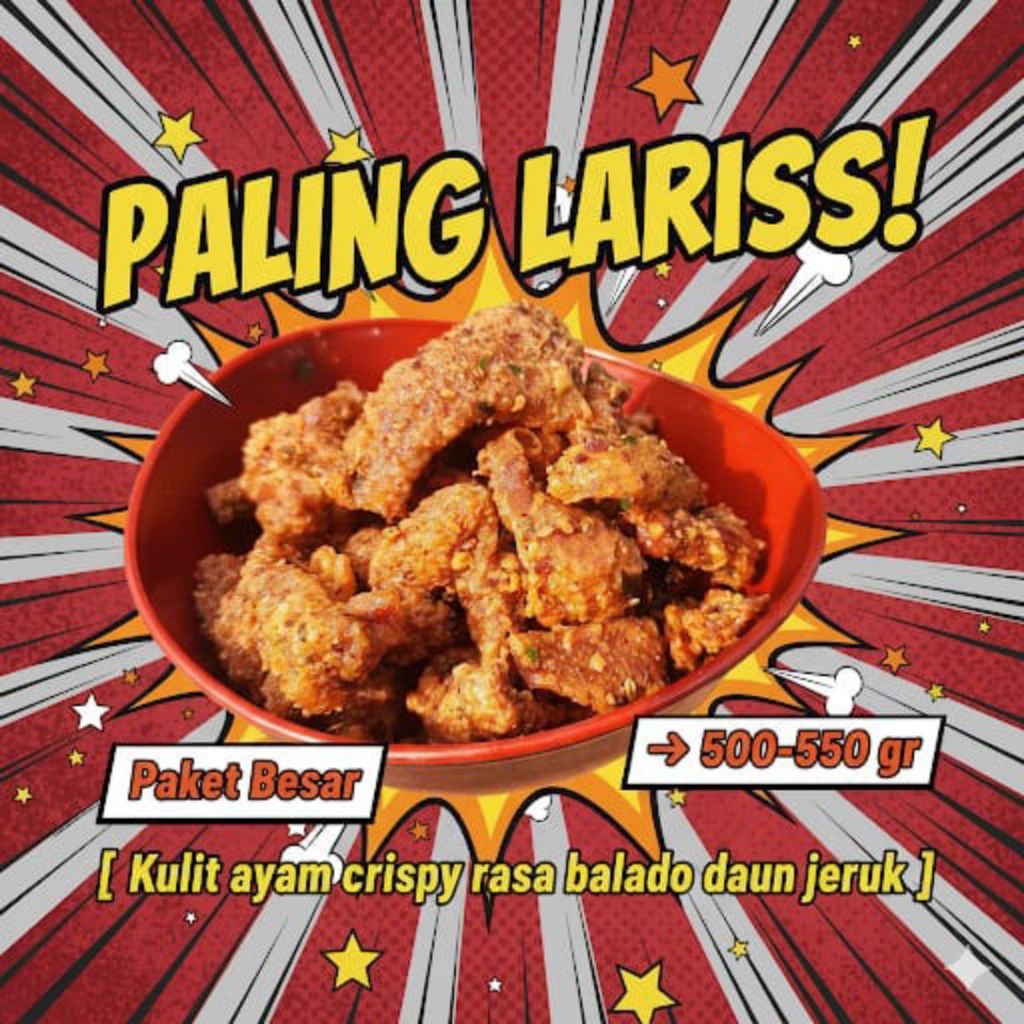 

Paket Besar → 500-550 gr { Kulit ayam crispy rasa Balado daun jeruk }