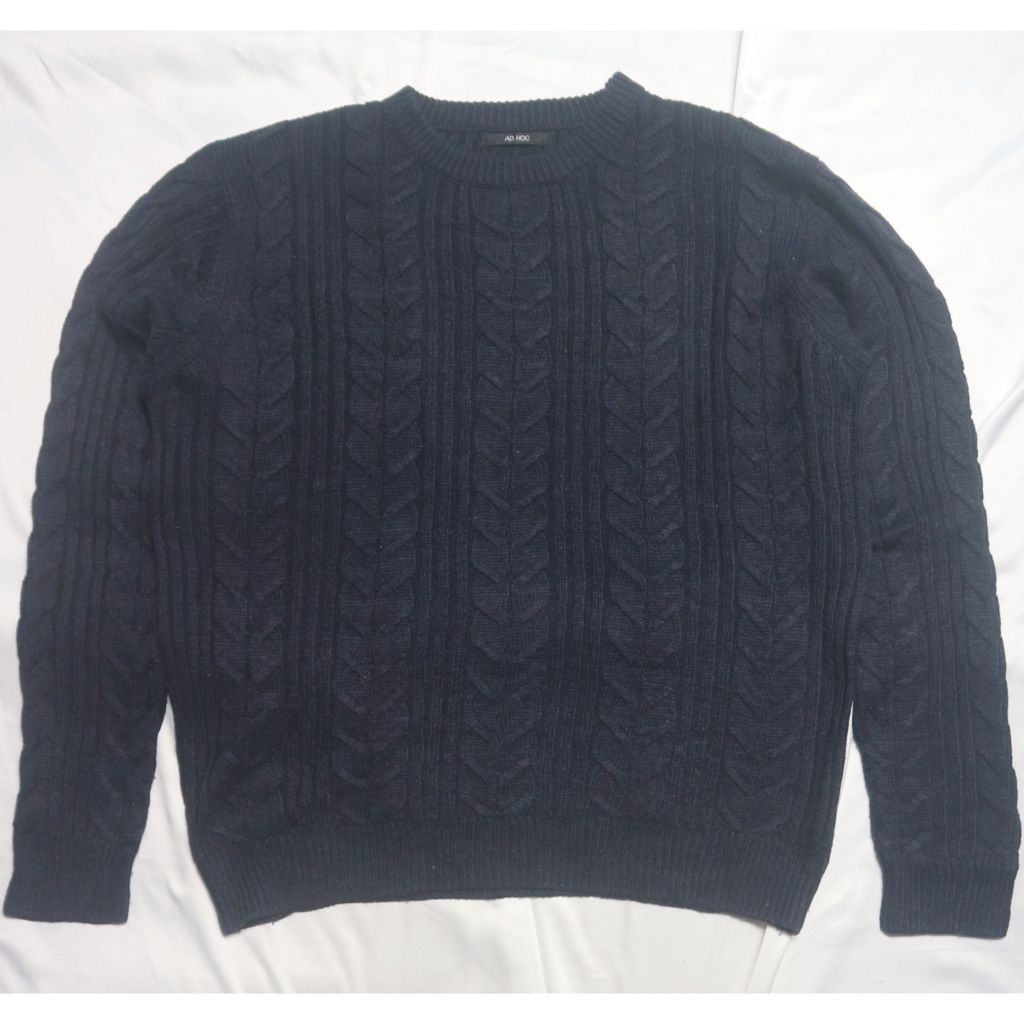 AD HOC Cable Kepang Navy Tebal Textured Unisex Knitwear Sweater Sweatshirt Crewneck Rajut Wool Jaket