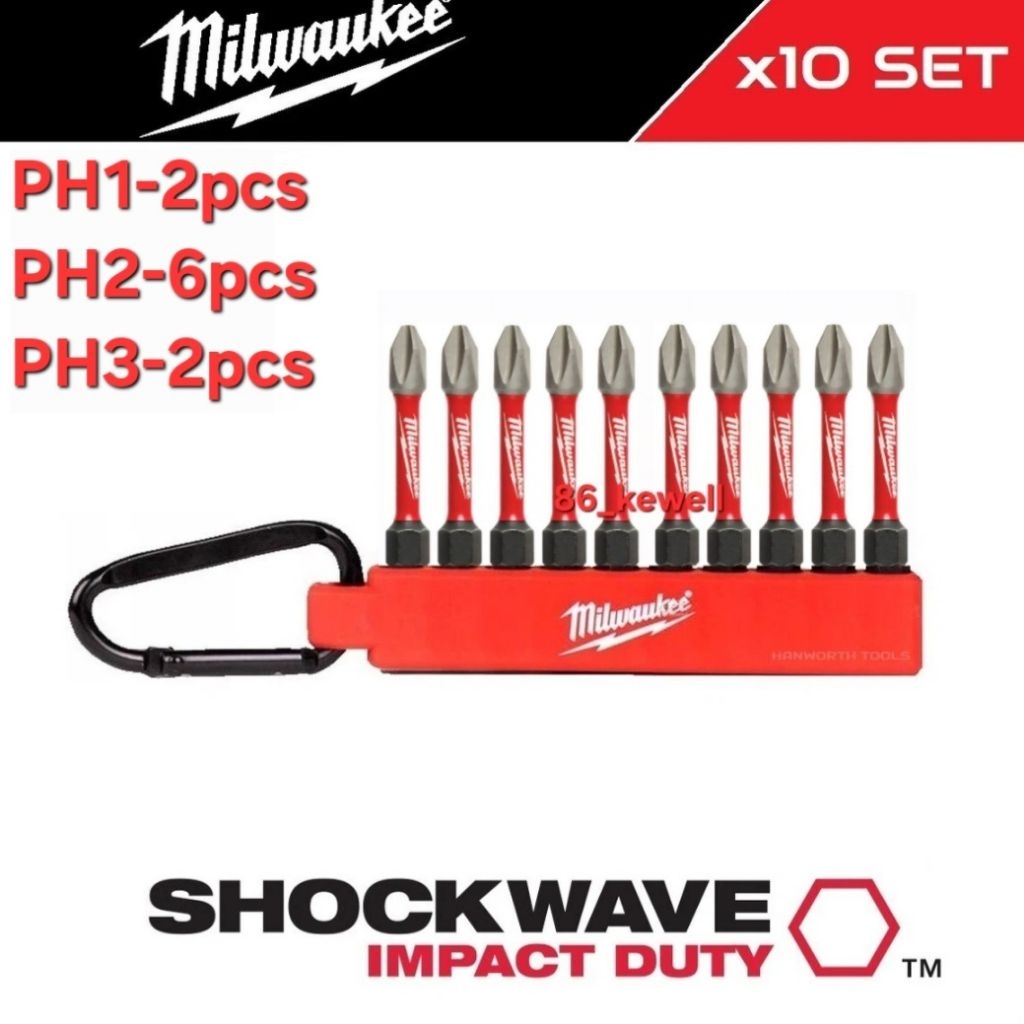 Mata Obeng Milwaukee Phillips / Milwaukee Shockwave Impact Duty Screwdriver Bit Carabiner Set 10 Pie