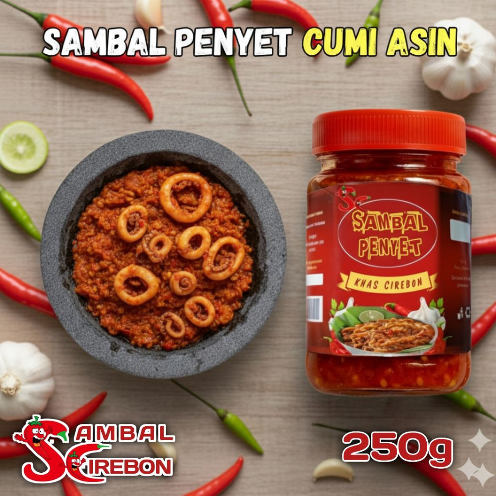 SAMBAL PENYET CUMI ASIN dibuat dari cabai pilihan, bumbu rempah khas Cirebon, dan diolah secara home