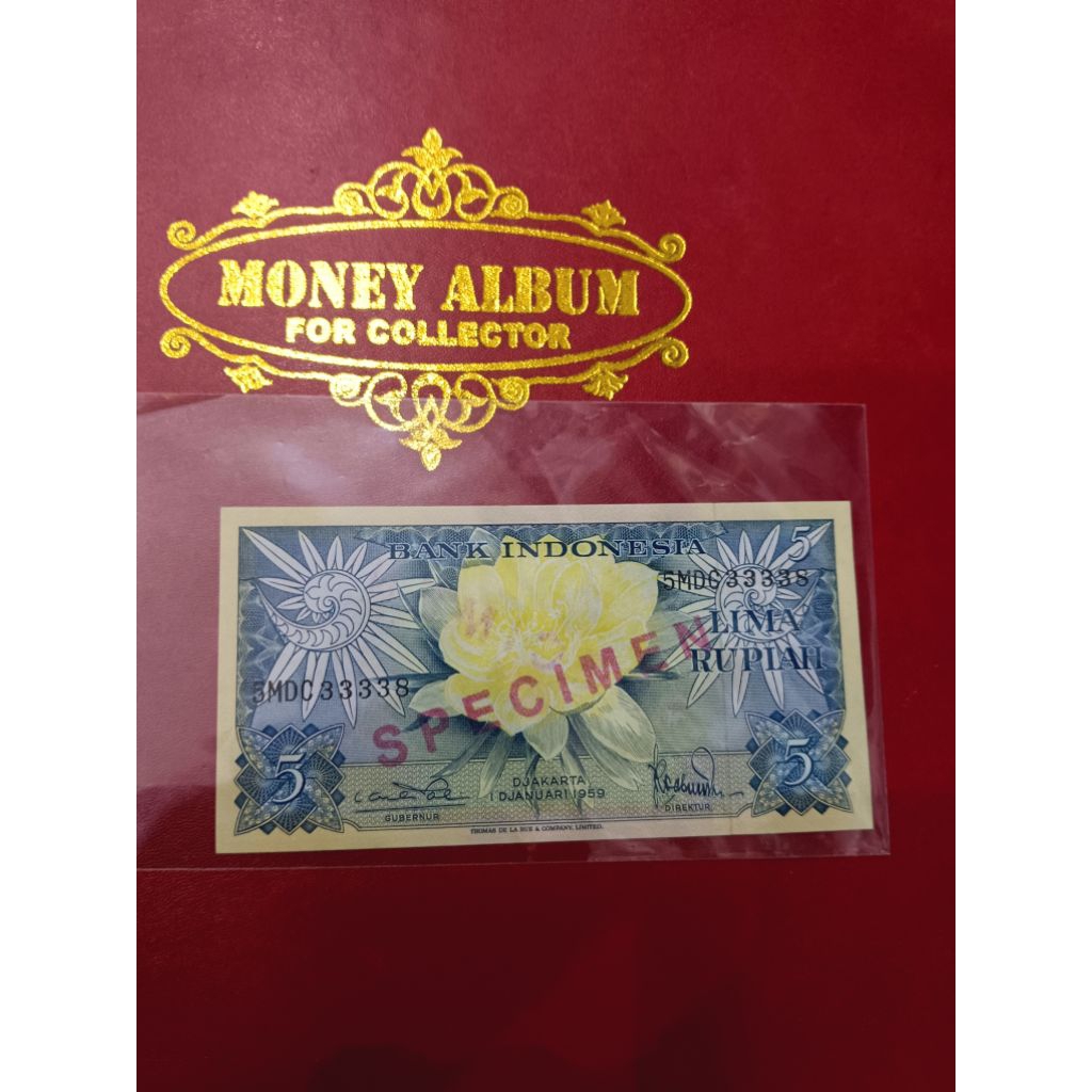 Banknote SPECIMEN 5 Rupiah 1959 Seri Bunga UNC almost solid 3