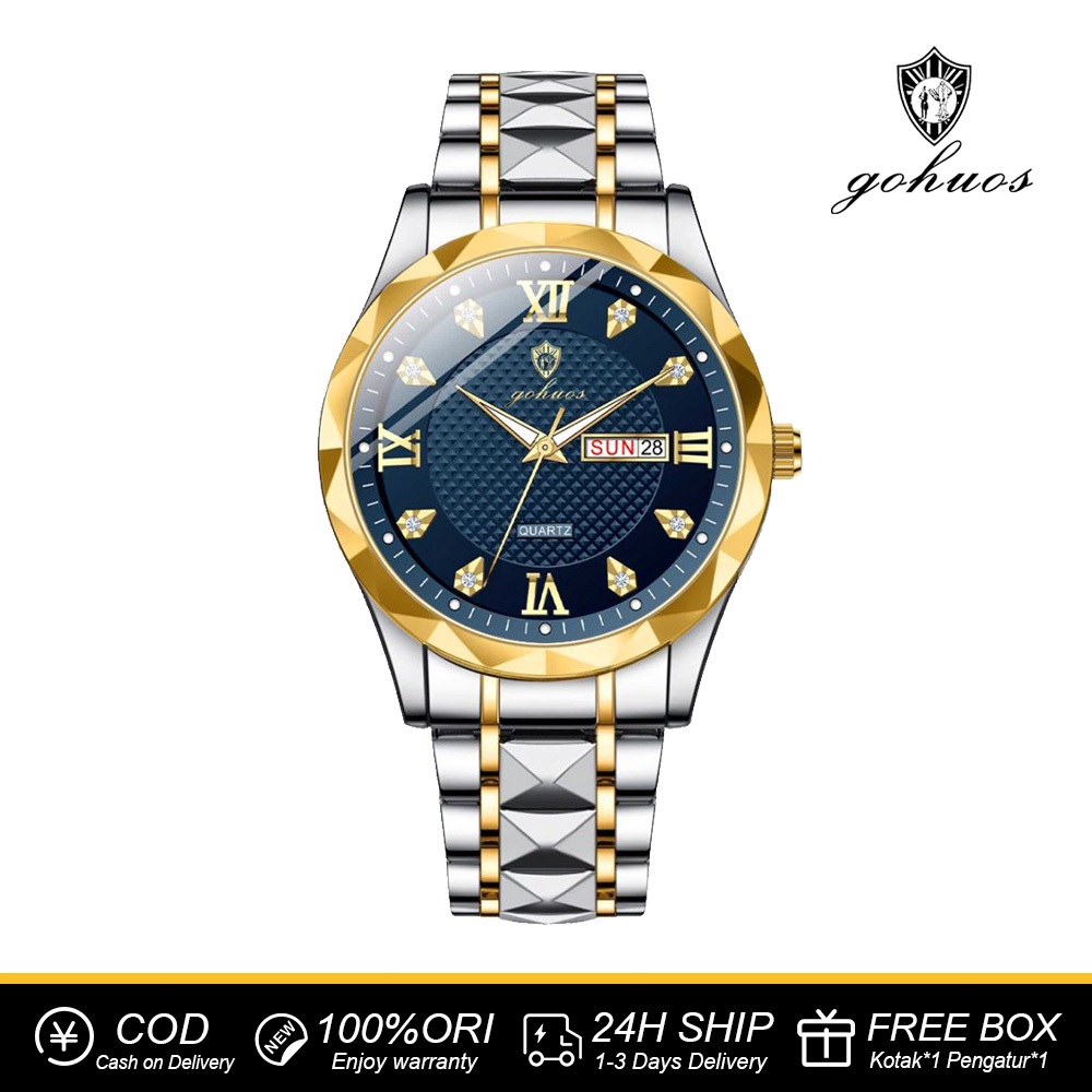 GOHUOS Jam Tangan untuk Pria dengan Kotak, Tahan Air, Bahan Baja Tahan Karat Asli, Jam Tangan Relo O