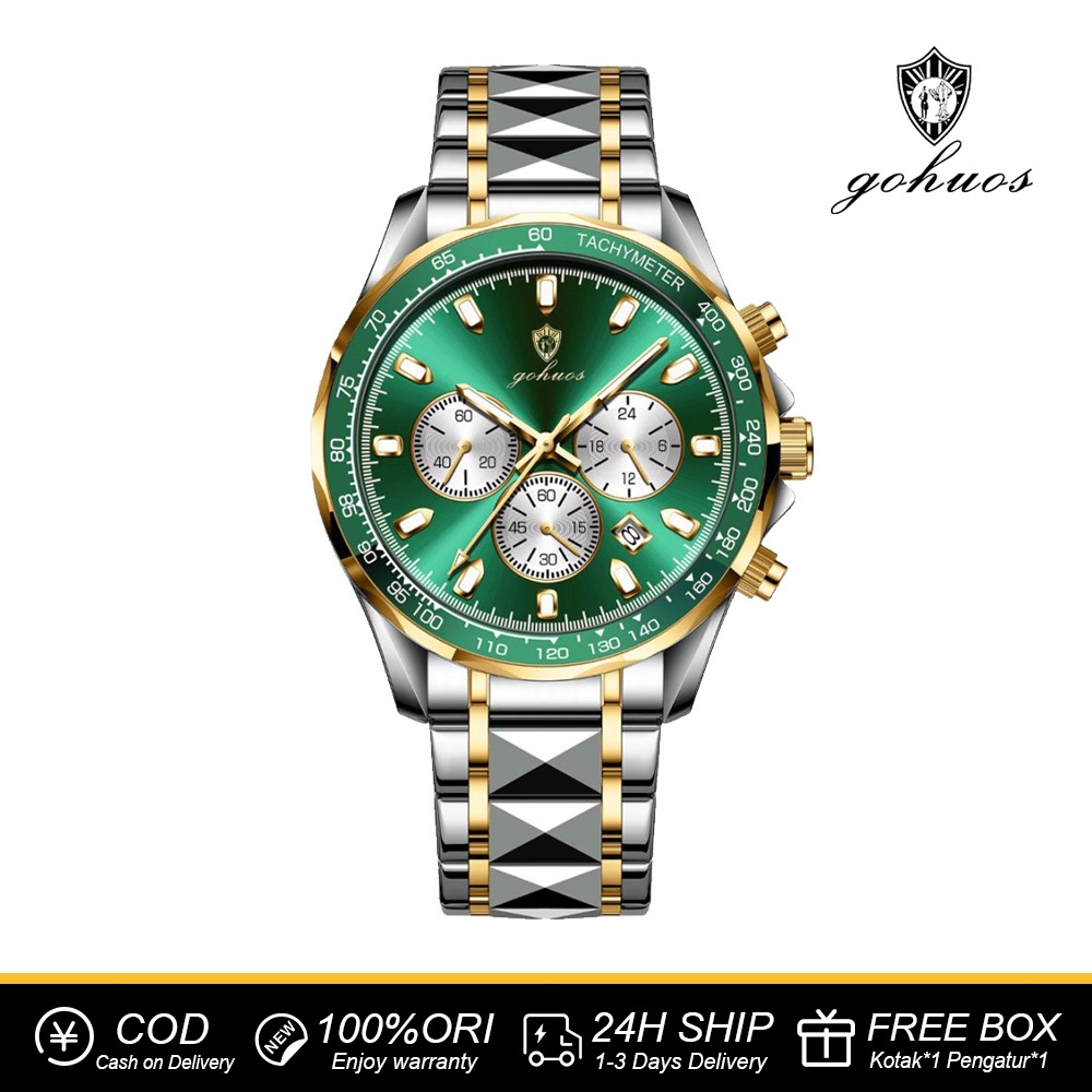 GOHUOS Jam Tangan Pria Anti Air Baja Tahan Karat dengan Dial Hijau dan Kalender, Jam Tangan Mode Pri