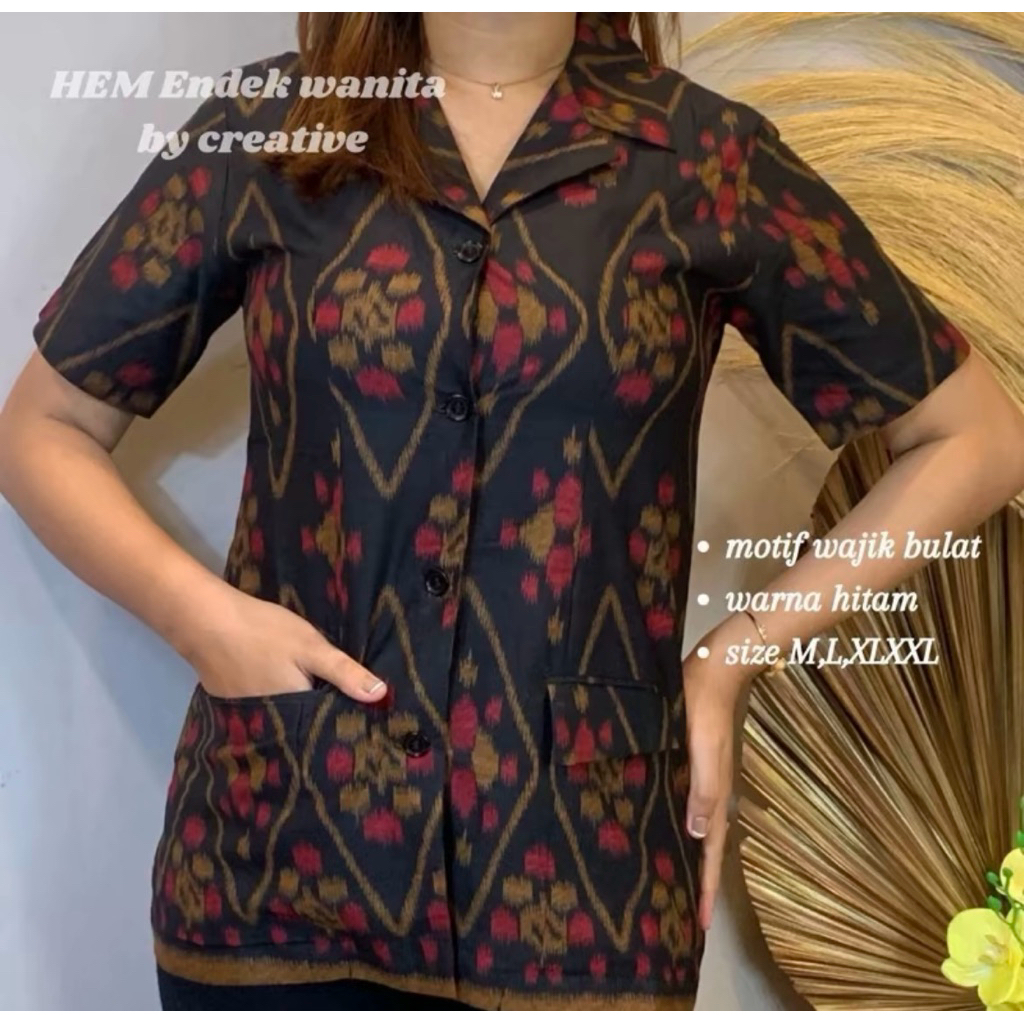 Hem Endek Wanita motif rantai by creative | Kemeja Kantor cewek | Kemeja Endek Bali