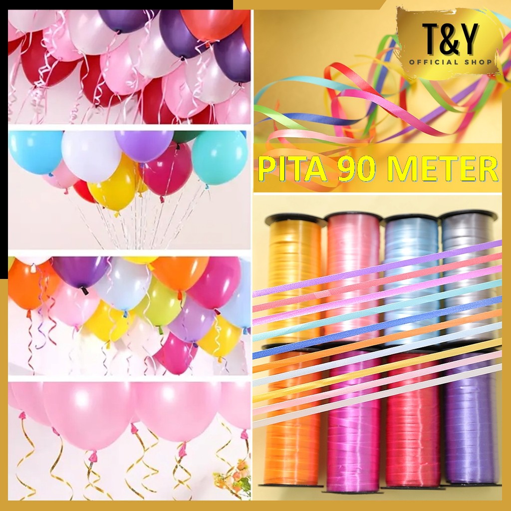 

T&Y Pita Gulung 90Mtr Pita Roll Balon Panjang 90 Meter Pita Warna Warni Polos Tali Balon 90Meter Ribbon Balloon Roll Tali Dekorasi Pesta Ulang Tahun Curly Ribbon