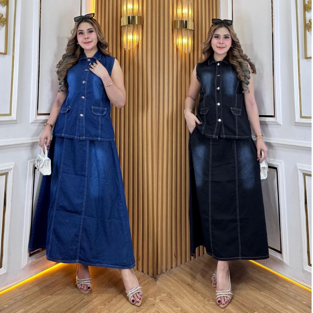 Laura OneSet Outer Vest Rompi Jeans Premium Baju Setelan Wanita Rok Denim High Quality Atasan Tanpa 