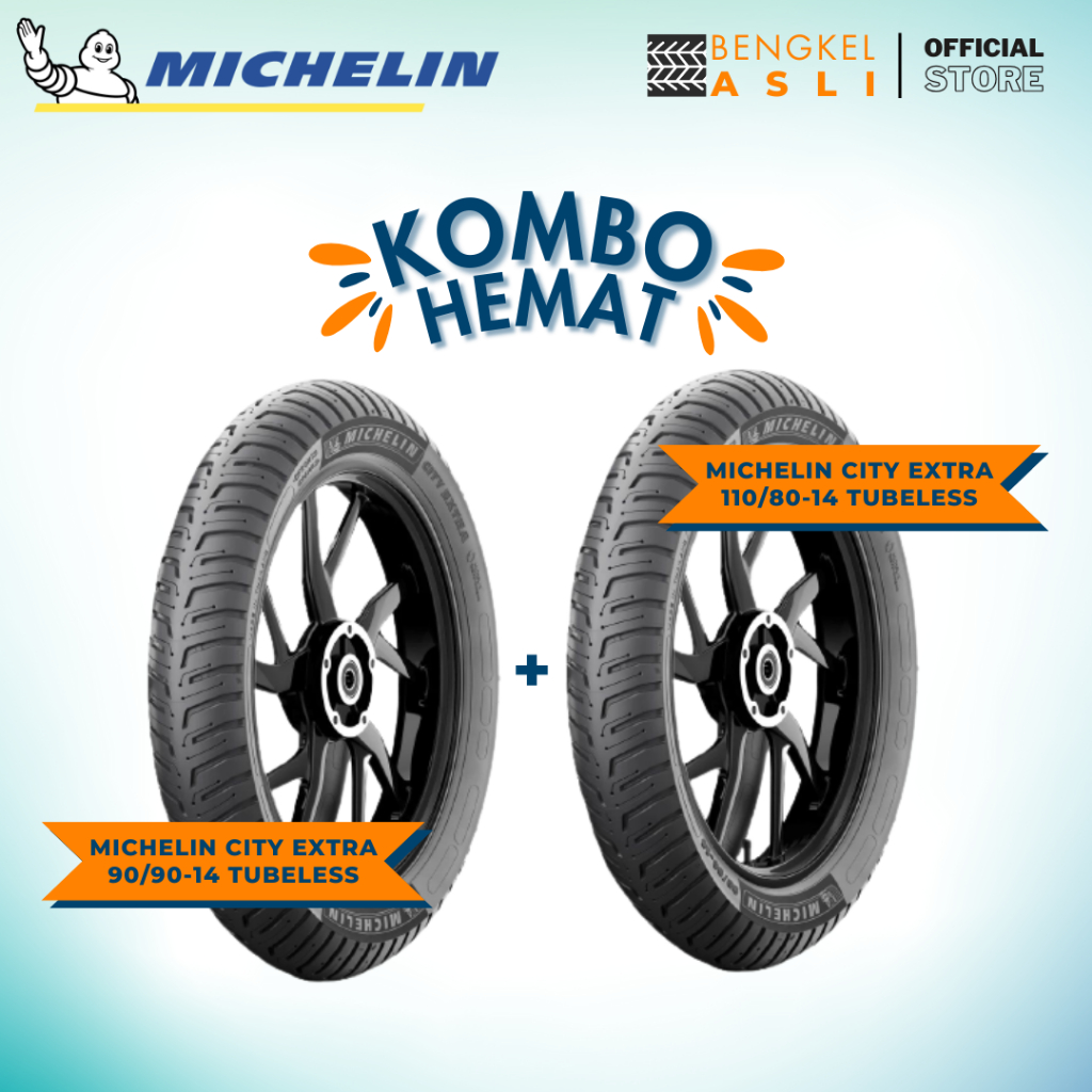(KOMBO HEMAT 2 BAN TUBELESS) Ban Motor MICHELIN CITY EXTRA Ring 14 90/90-14 + Ban Motor MICHELIN CIT