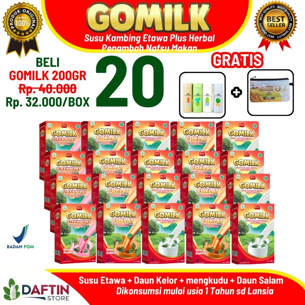 

Paket 20 Box GOMILK Susu Kambing Etawa Herbal Plus 200gr - Atasi Asam Urat Rematik Nyeri Sendi