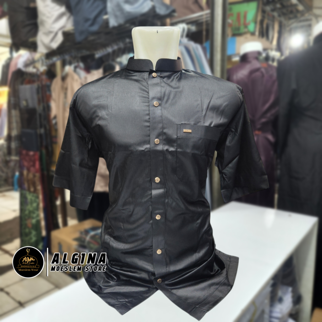 Koko Al Wafa Hitam Lengan Pendek Bahan Satin Korea Kancing Thailand Full | Baju Muslim Lengan Pendek