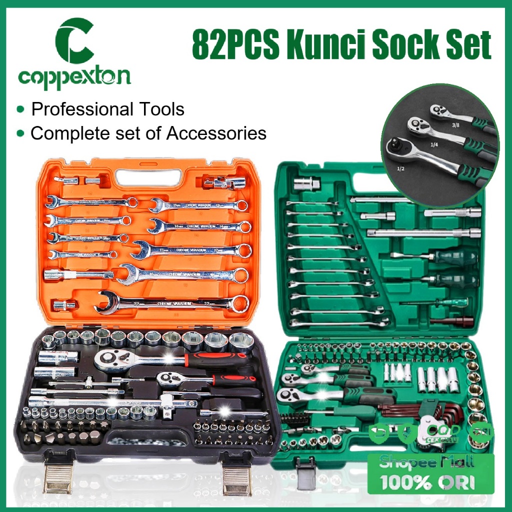 Coppexton 82pcs Tool Kit Kunci Shock Set Tool set Hand socket set Tool set kunci pas Kunci Shock sok