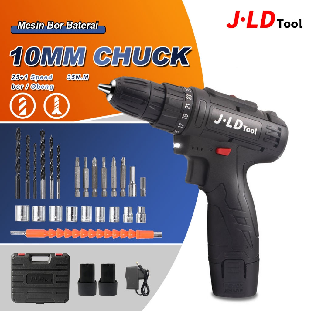 JLD 12Vf Mesin Bor Baterai Murah Berkualitas Bor Cas Jld Bor Case 2 Batre Fullset Portable 25+1 Cord
