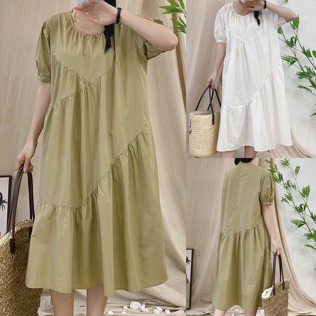 DRESS KATUN POPLIN KREM PUTIH TIER KERUT ASIMETRIS IMPORT