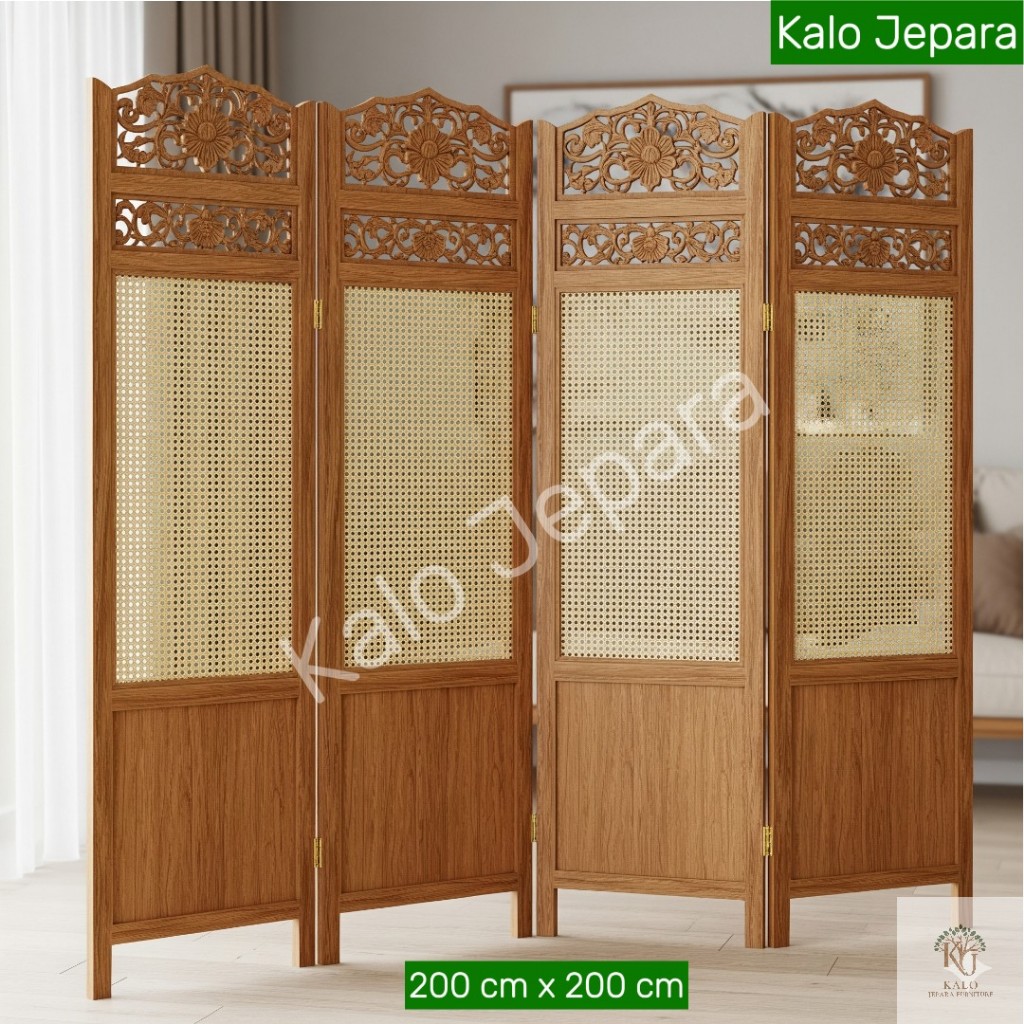 Sekat Kayu Jati Solid Mix Rotan Partisi Ruangan Jepara Pembatas Lipat 4 Anyaman Rotan