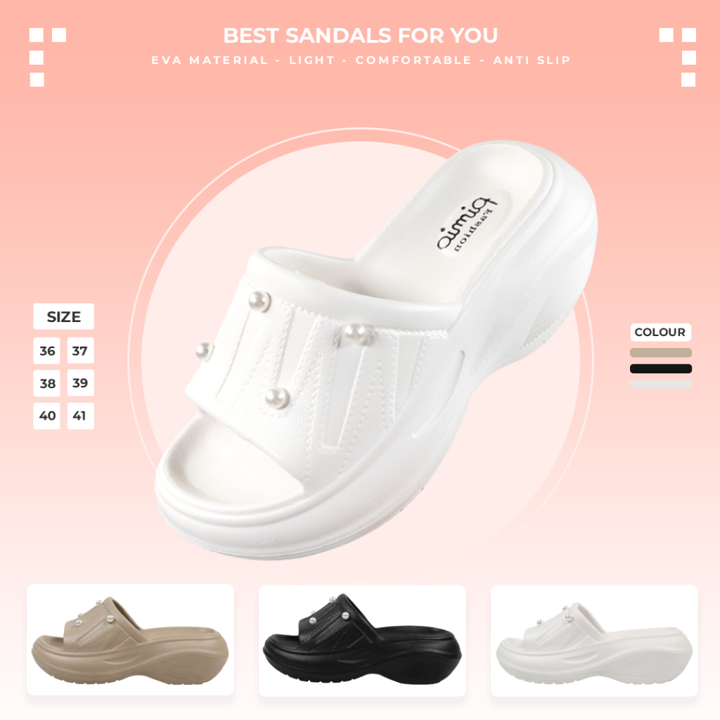 Sandal Selop Wedges Wanita 2522M Desain Cantik Mutiara Hak Tinggi Korean Style