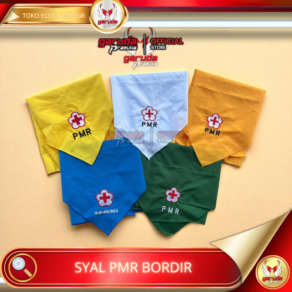 Scraf syal PMR bordir biru hijau kuning tua kuning muda putih